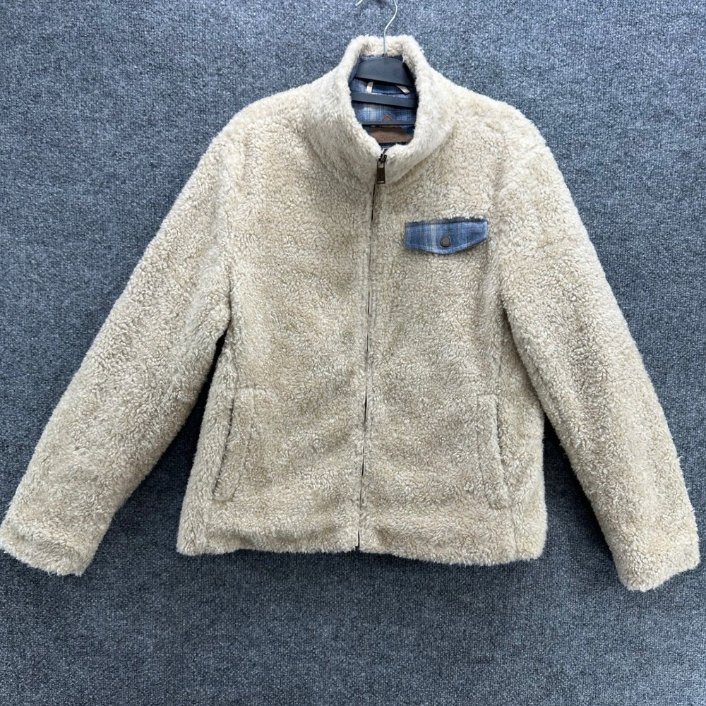 Pendleton Womens Fuzzy Sherpa Fleece Jacket Cream Blue Plaid Zip Mock Neck M
